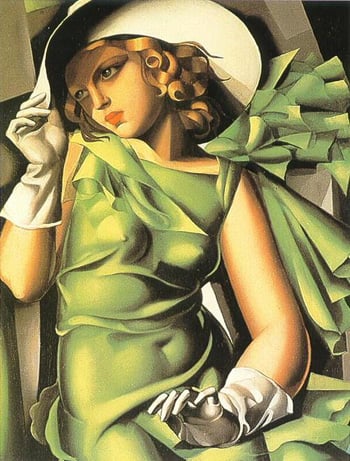 ARTBURO Personalization : Hand Painted HERMÈS Vintage Kelly Bag, Girl in Green with Gloves by Tamara de Lempicka, (1929). "Art Deco Collection by ARTBURO" for Angelika Ivanc.  АРТБЮРО Персонализация : Ручная Роспись HERMÈS Vintage Kelly Bag, Девушка с перчатками Тамара де Лемпицка, (1929). Коллекция АРТБЮРО "Арт-Деко". Exceptional HERMÈS bag.  Artist:Tamara De Lempicka Created:1931 Dimensions (cm):45.5 x 61.5 Format:Oil on plywood Location:Musée national d'art moderne, Paris, France   Perhaps Tamara De Lempicka’s most famous painting, ‘Girl in Green with Gloves’, has been an icon to her artistic style and work throughout her career. Painted in 1929, the ‘Girl in Green with Gloves’ displays a beautiful young woman wearing a flimsy green dress, white gloves, and a large, white hat. The sharp-edged form combined with the bold use of color render the whole strongly dimensional and modern. It appears that the sleek feminine figure with curvaceous lines is holding on to her hat in order to avoid losing it in the breeze, De Lempicka undoubtedly masters the effect of a wind blowing through the painting. A slight sense of eroticism is established by having the dress cling to her body, revealing her breasts and navel through the fabric.