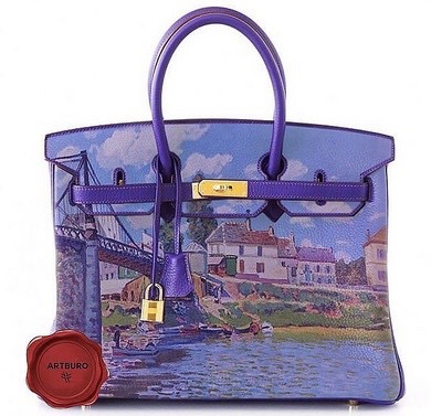 Luxury purple handbag with a printed classic painting of a bridge over water and houses in the background, featuring the ARTBURO seal on the lower left.