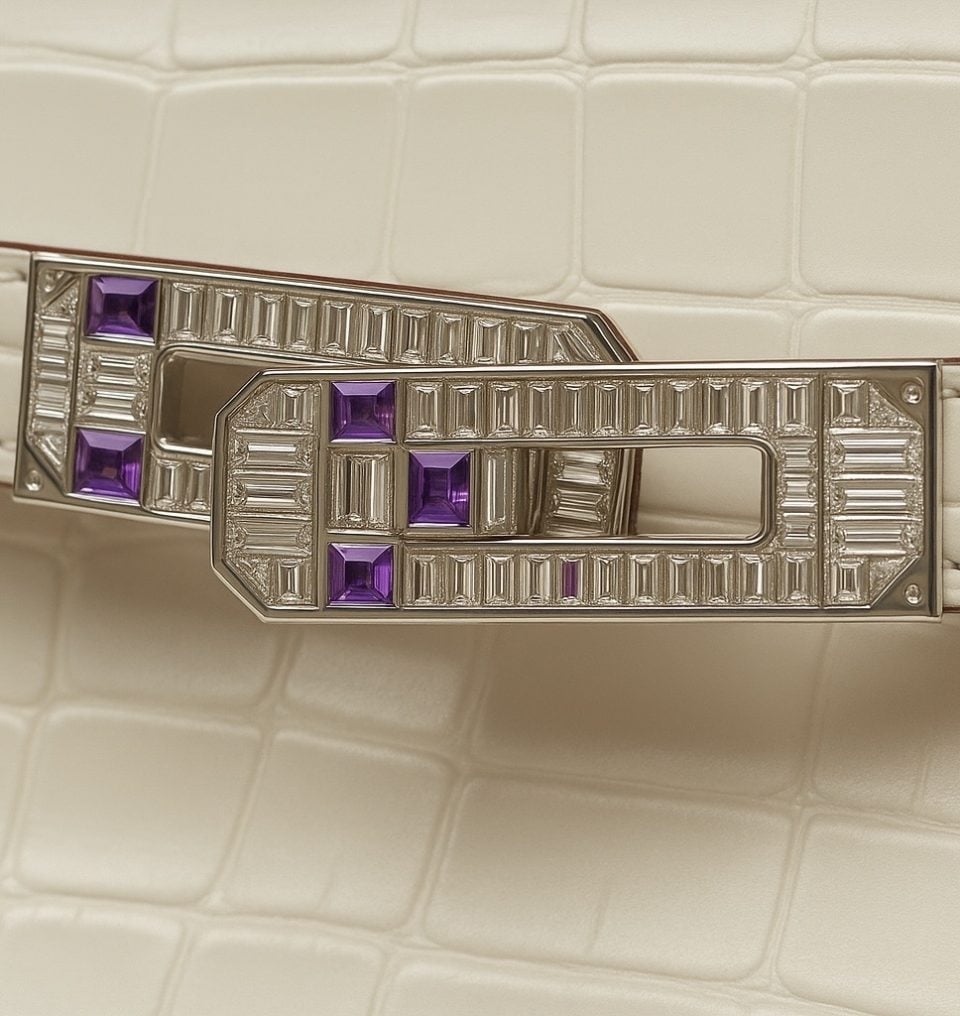 ARTBURO™ HIGH JEWELLERY HERMES CUSTOMIZATION- Hardware with Diamonds and purple Sapphires incrustation for Hermes Birkin Bag. Private Collection.