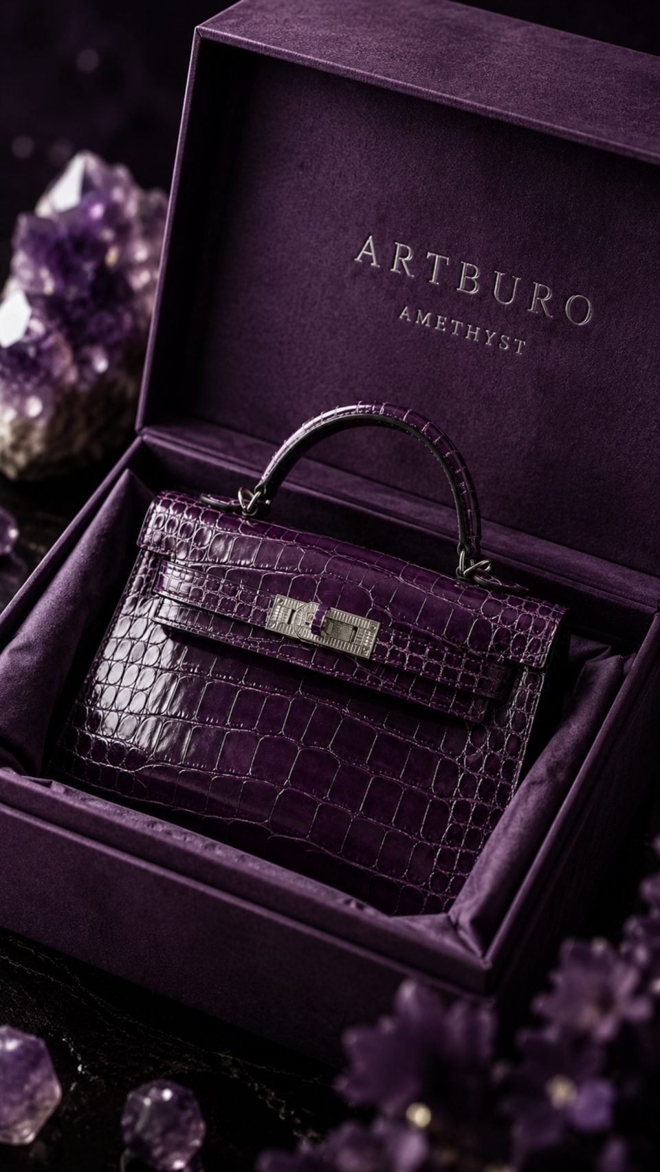 AMETHYST Fashion is Art. Some objects are worn. Some are collected. Some become part of history. AMETHYST exists beyond the rhythm of seasonal fashion. It was created as a permanent object of desire—where the discipline of haute maroquinerie meets the precision of high jewellery. The iconic Hermès Kelly 20 Sellier Mini becomes a canvas for contemporary craftsmanship, transformed through bespoke 18K white gold hardware, invisible engineering and hand-set baguette diamonds. At its heart, a natural amethyst serves as the soul of the composition—quiet, powerful and unmistakable. Every line was considered. Every surface refined. Every detail created to be remembered. This is not personalization. This is artistic authorship. Not made for everyone. Made for the few who understand that true luxury is defined not by price, but by rarity, provenance and meaning. A collectible object. A wearable sculpture. An archive piece for the future. ⸻ The Diamond Hermès Kelly 20 Sellier Mini Shiny Alligator Bespoke 18K White Gold Hardware Baguette Diamonds & Natural Amethyst Created by ARTBURO Designed by Alisa Kovtunova 2025